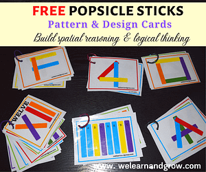 Are you looking for some pattern activities to keep your child engaged? Then, try these FREE popsicle stick pattern and design cards.  Use these cards as reference to build patterns, alphabets, numbers, shapes, words and more. 