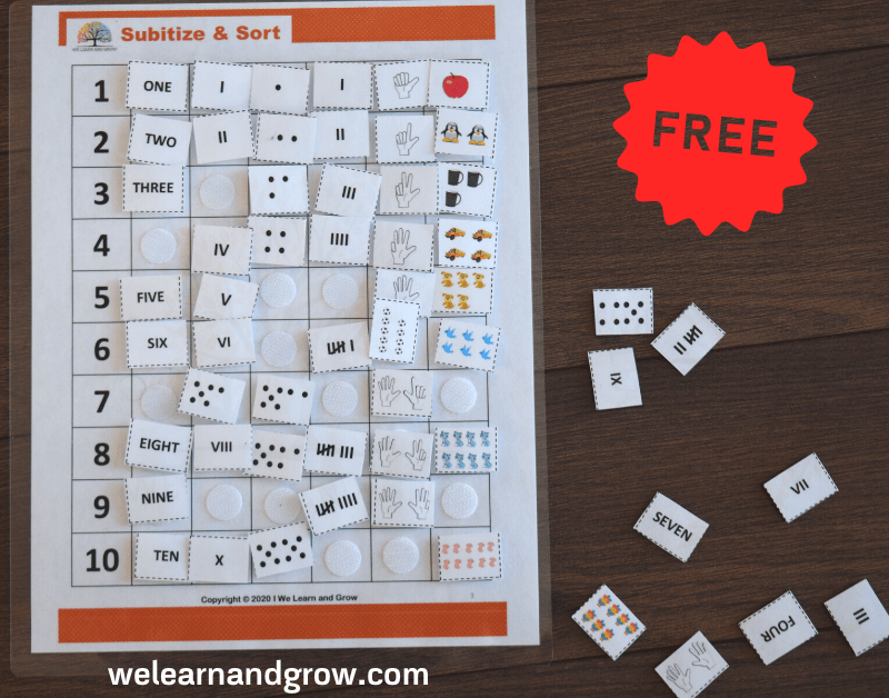 Subitize and sort thumbnail-free printables for kids - we learn and grow