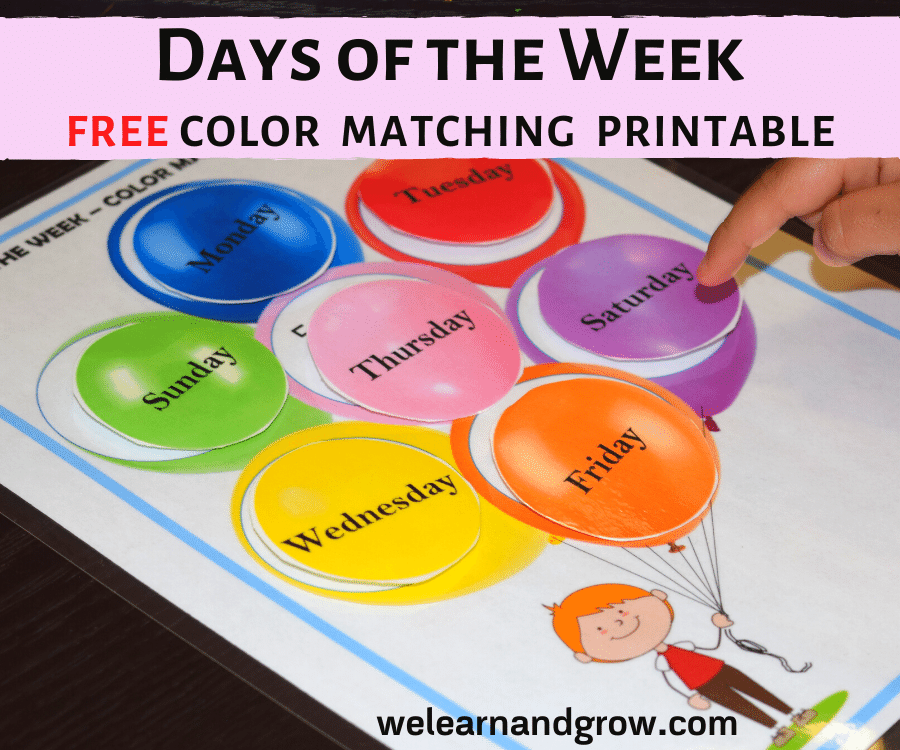 Days of the week activity free color matching printable